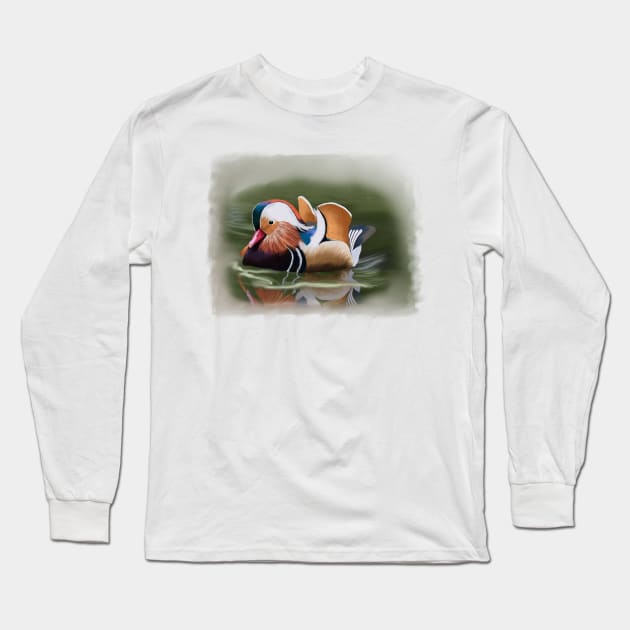 Mandarin Duck Soft Pastel Drawing on Green Long Sleeve T-Shirt by creativebakergb